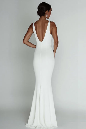 Simple White Mermaid V Neck Satin Long Formal Dress
